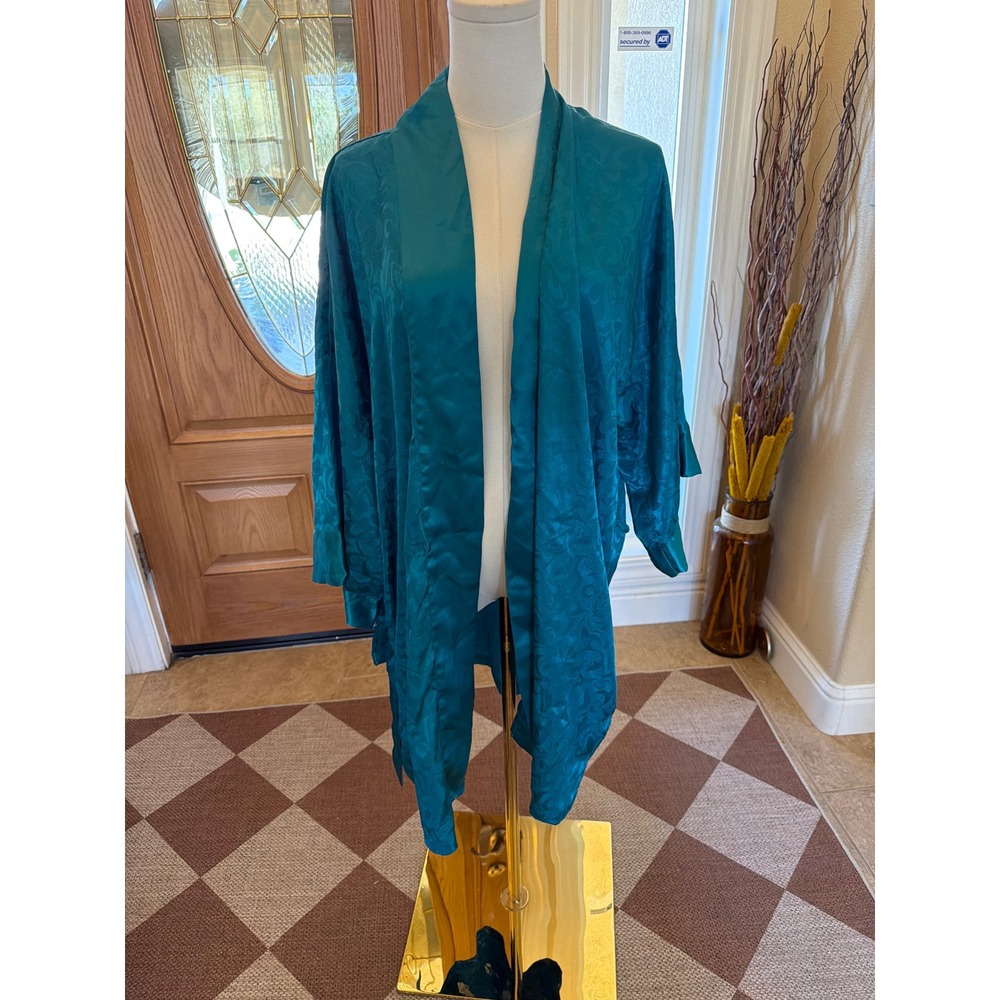 Vintage Victorias Secret Gold Label Teal Blue Jacquard Satin Robe One Size OS